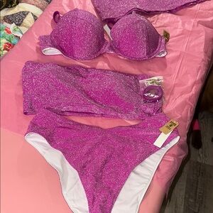 Glittery Pink Women's bathing suit set 4 pieces